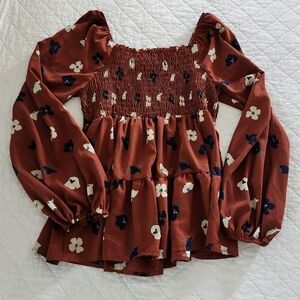 Floral Smocked Blouse - Rust and Navy